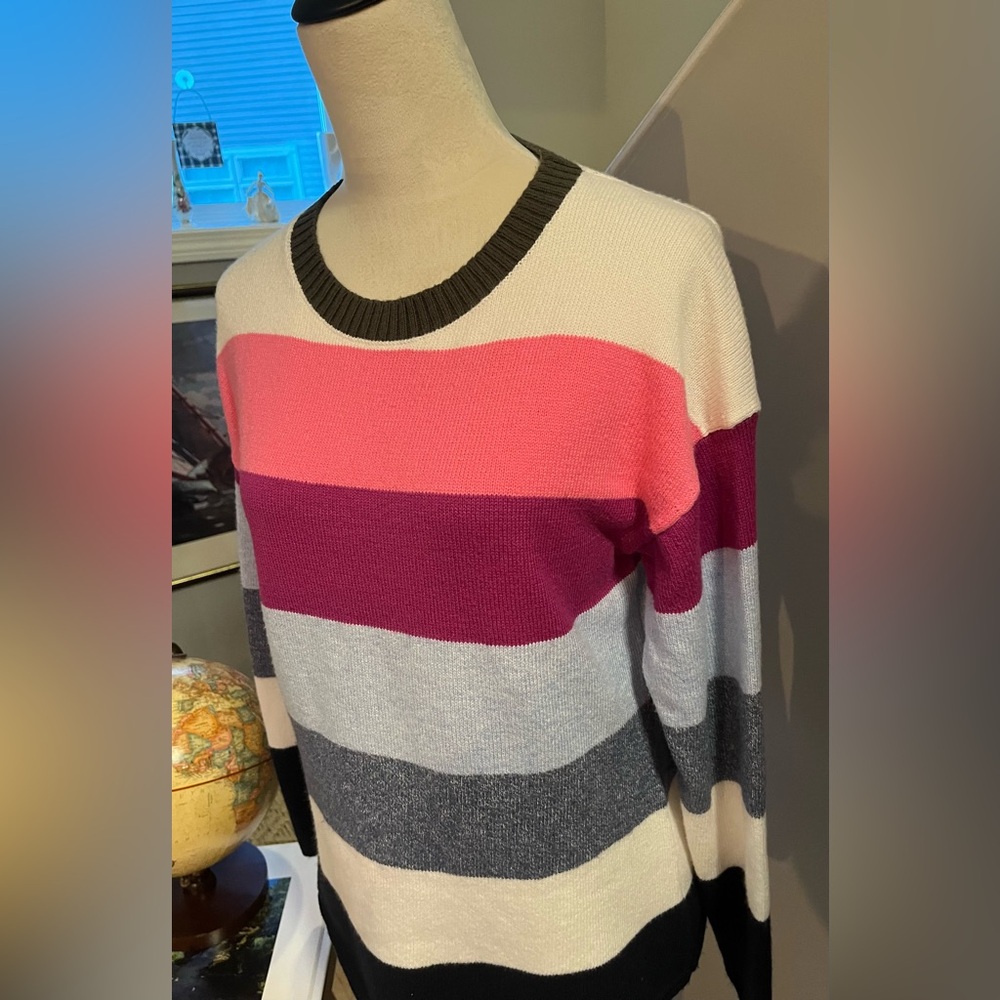 TALBOTS Women’s Sweater Pullover Fun Pink Purple Multi-Stripe Long Sleeve